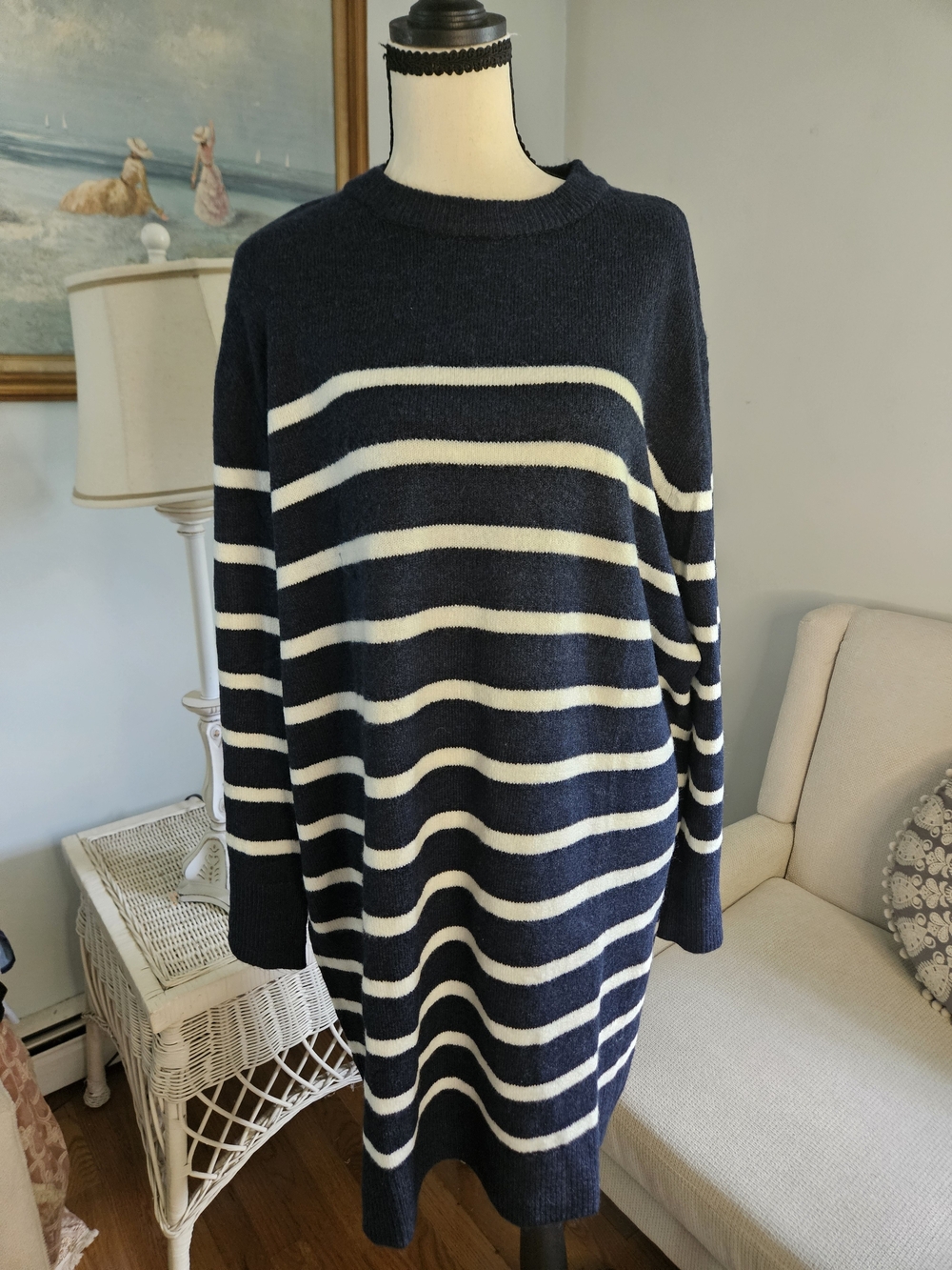 Lands' End Navy and White Striped Crewneck Sweater Dress